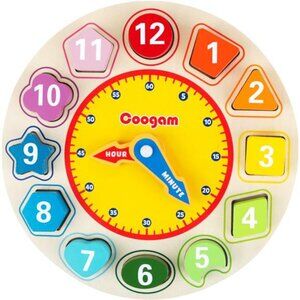 Wooden Shape Color Sorting Clock – Teaching Time Number Puzzle Stacking